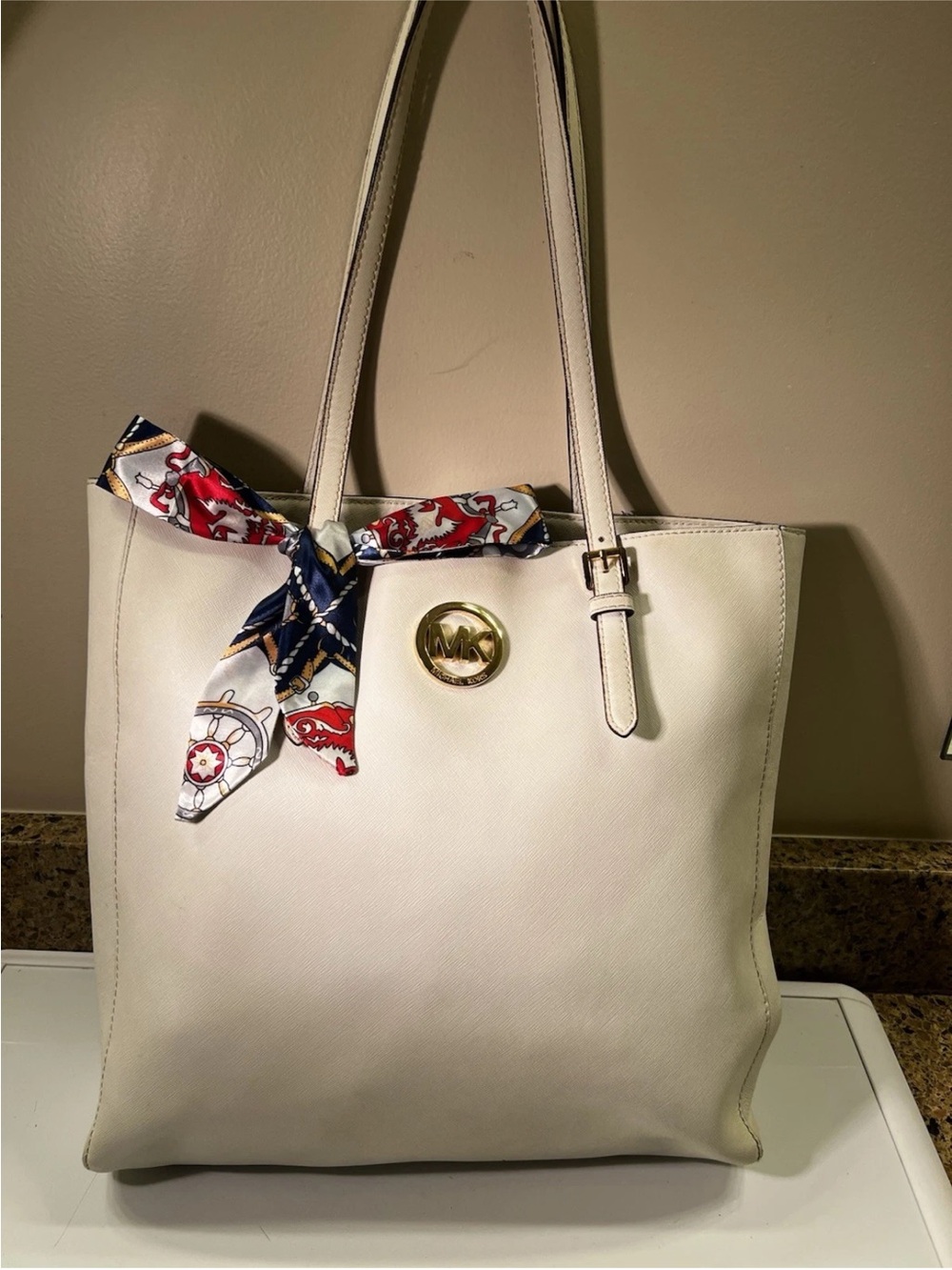 Michael Kors Cream Leather Tote with Gold Emblem and Scarf Accent 13x13”